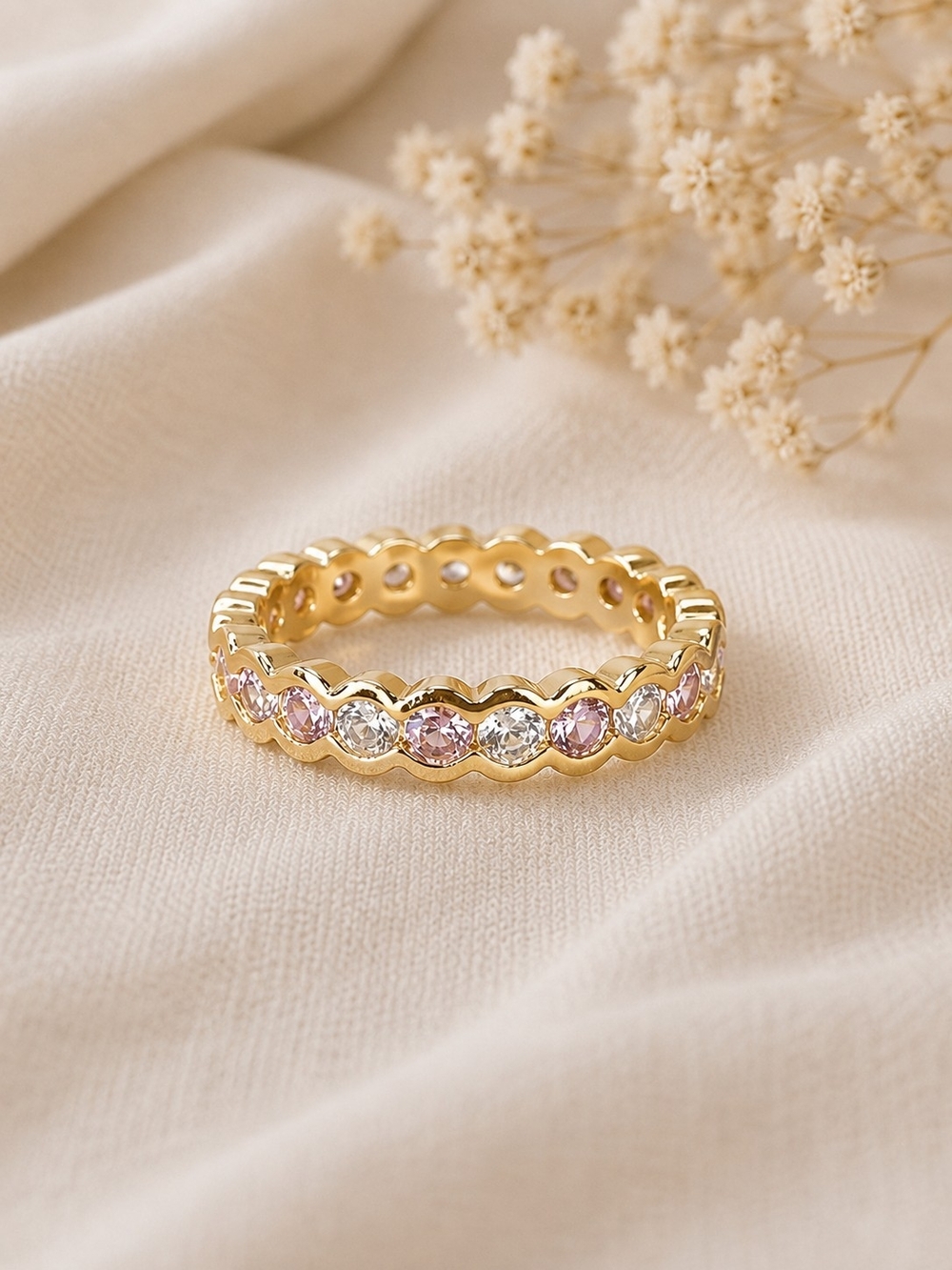 Gold Pink & White CZ Eternity Ring
